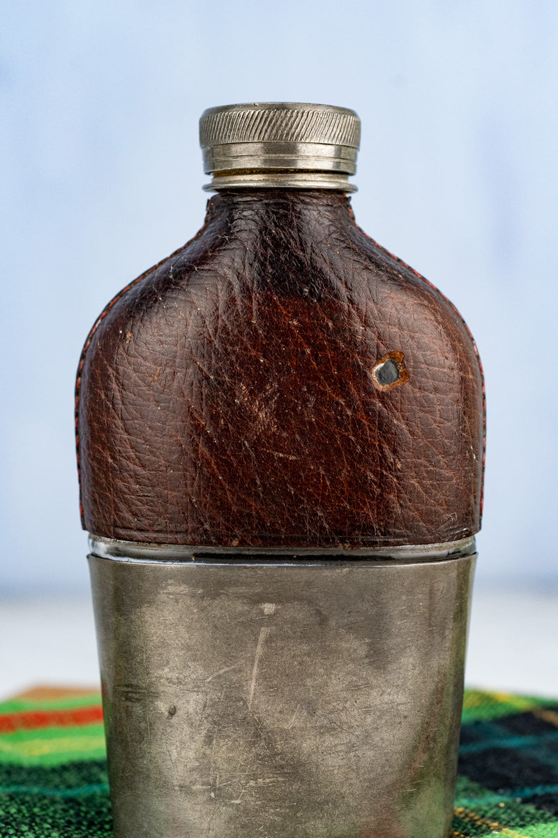 Antique English Pewter and Leather Flask with Cup