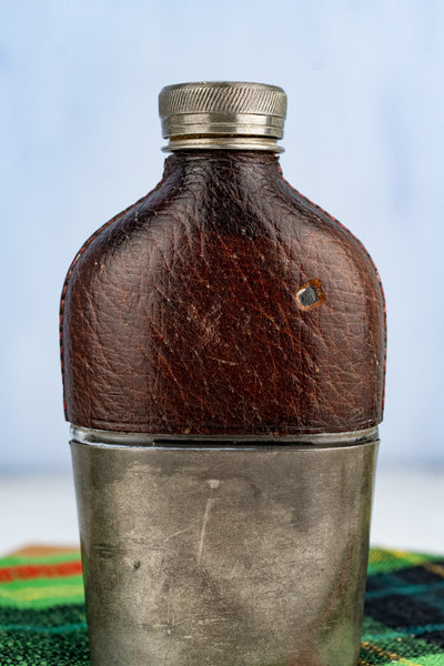 Antique English Pewter and Leather Flask with Cup