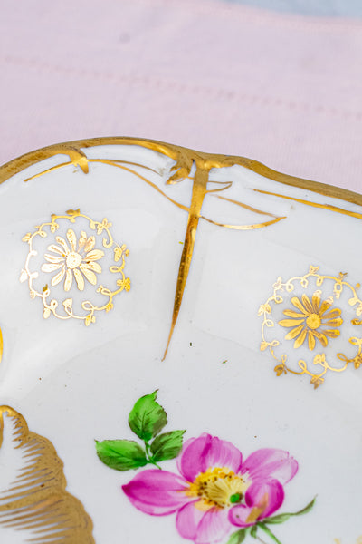 Antique Hand-Painted Floral Serving Basket