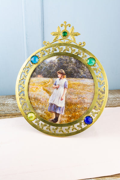 Antique English Jeweled Round Brass Frame