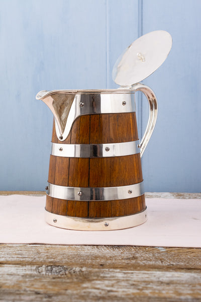 Antique Oak and Silverplate Enamel Lined Beer Pitcher