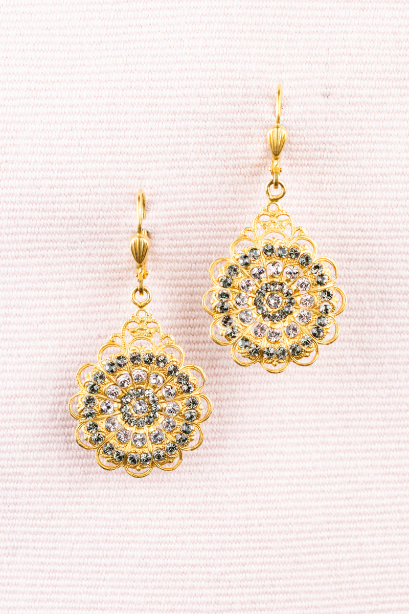 French Gold Lace Rhinestone Earrings
