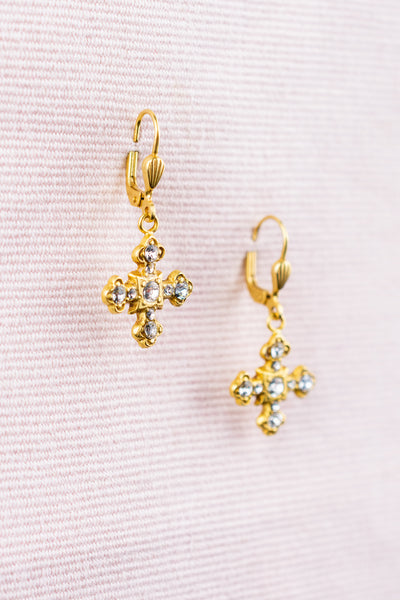 French Jeweled Cross Drop Earrings