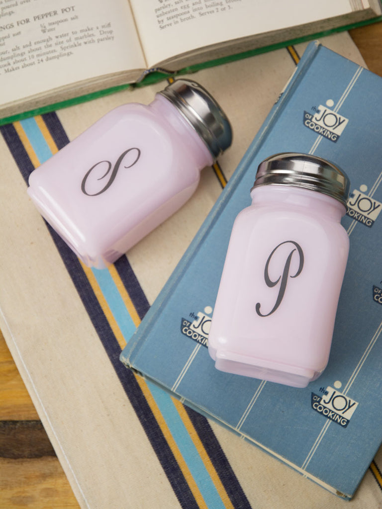 Vintage Art Deco Pink Salt And Pepper Shakers W/Caddy